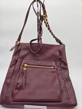 Elliott Lucca Burgundy Leather Crossbody Bag Gold Chain Accent Adjustable Strap
